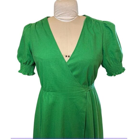Alex Marie Womens 6 Kelly Green Midi Wrap Dress Short Puff Sleeves Linen Blend - Picture 2 of 10